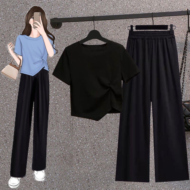 Set Đồ 2 Món Áo Thun Tay Ngắn Phối Quần Dài Eo Cao Ống Rộng Thời Trang Cho Nữ
