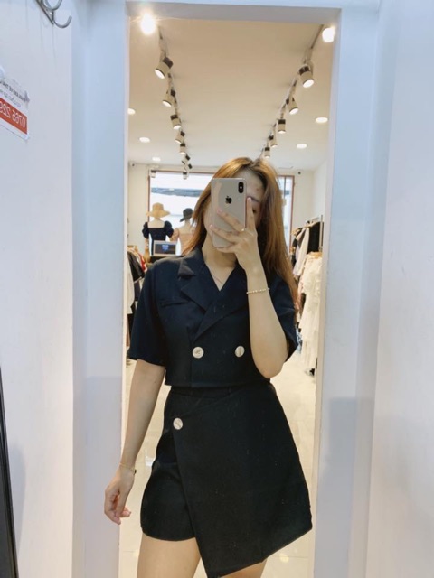 Set đồ váy - áo croptop WONERR SET áo có cài cúc mix với áo ống chân váy giả quần vạt chéo có co giãn màu đen | BigBuy360 - bigbuy360.vn