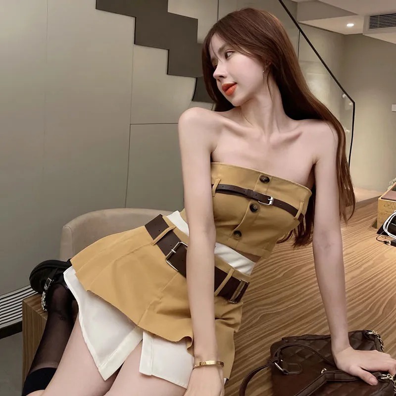 JB003 Set jeans nữ Áo jeans croptop áo 2 dây combo chân váy xếp ly nữ chất đẹp kaki bò cạp thấp mẫu hot