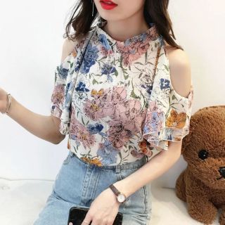 Áo sơ mi trễ vai, áo voan nữ,cổ tròn, tay lỡ,  áo sơmi kiểu