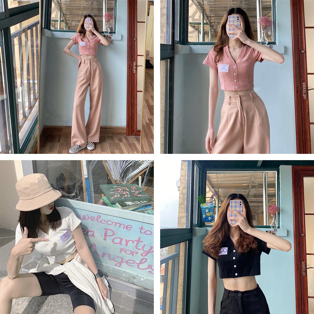 Áo croptop tay ngắn cài cúc BS chất Bozip, 3 màu trắng/hồng/đen VST | BigBuy360 - bigbuy360.vn
