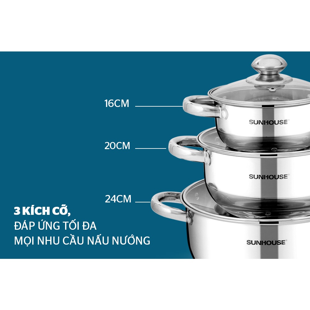 Bộ nồi inox 3 đáy Sunhouse SH334