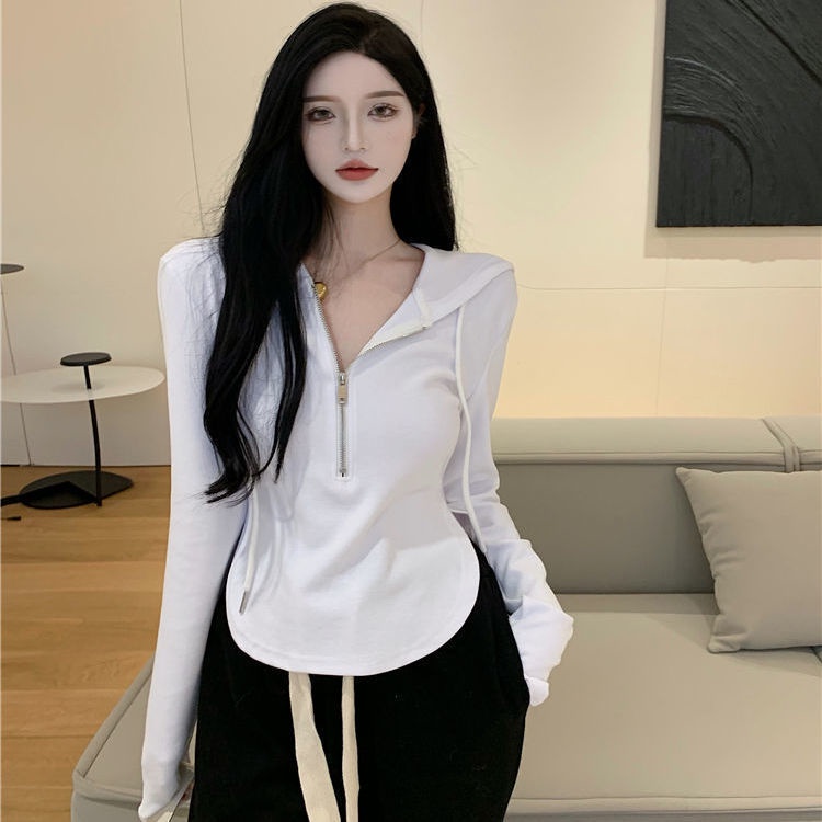 COZOK Áo thun hoodie tay dài phối khoá kéo