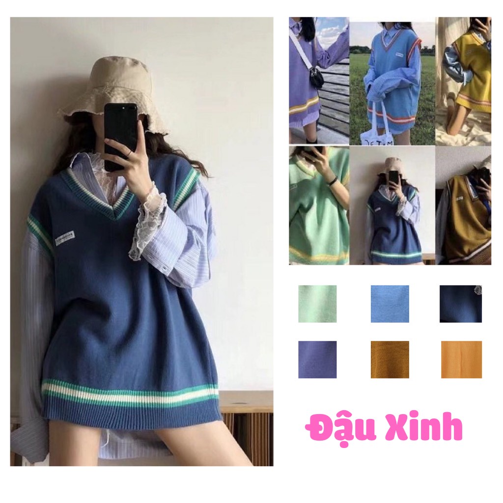 Áo gile len mỏng ulzzang nữ dáng rộng Hàn Quốc giá rẻ cổ chữ v màu trơn dễ phối đồ - 011