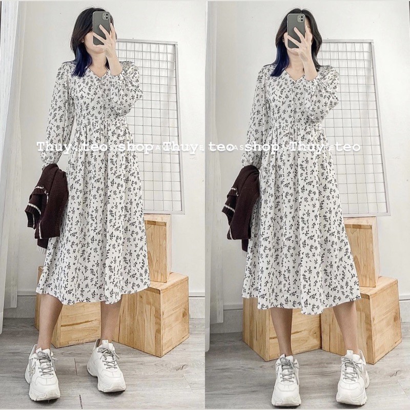 (Váy Babydoll Ulzzang cổ tim hoa nhí tay chun ( hình thật, sẵn)