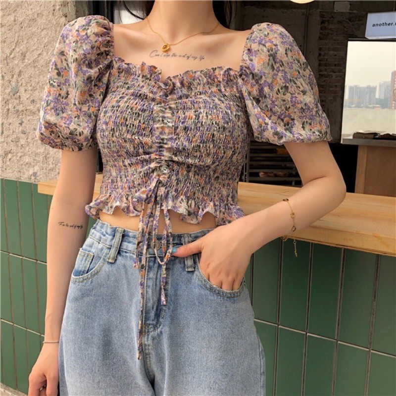 Áo hoa nhí vintage,áo hoa nhí cổ vuông tay bồng bo eo siêu xinh,trẻ trung