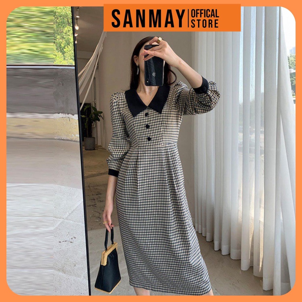 Váy Công Sở Kẻ Caro Dài Tay Dáng Suông SANJOLI Đầm Thiết Kế Bo Cổ Tay Sang Chảnh VD057 | BigBuy360 - bigbuy360.vn