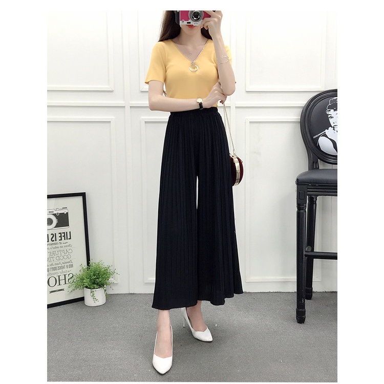 Quần ống rộng cạp cao dáng váy xếp li nhẹ phong cách Hàn Quốc MN01