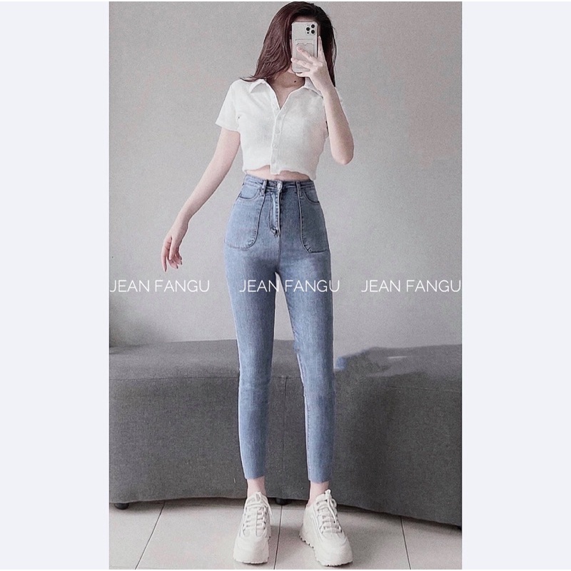 Quần jean skinny túi trước vuông phong cách Hàn Quốc , quần bò ôm giãn cạp cao hách dáng chất đẹp by Jean Fangu Cao Cấp