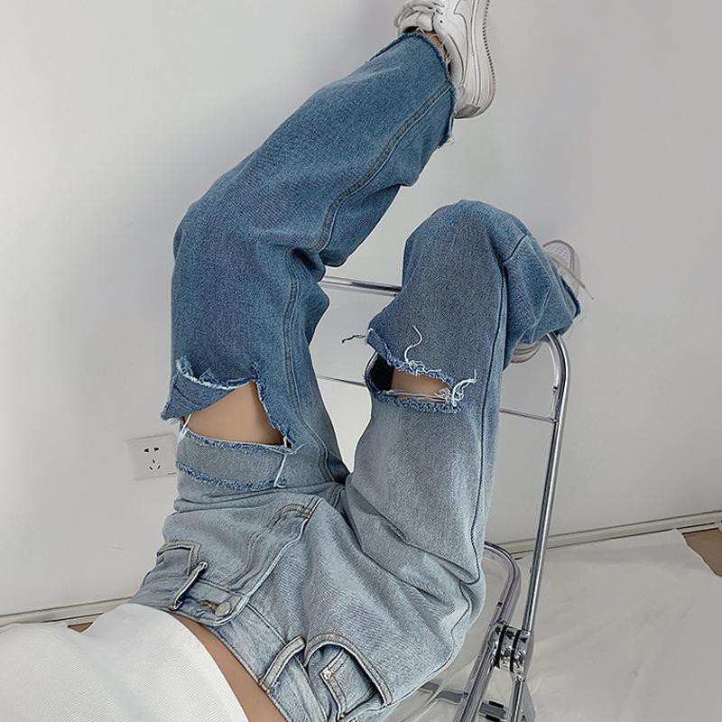 [Augustcloth] Quần jeans denim dài lưng cao rách Hàn Quốc