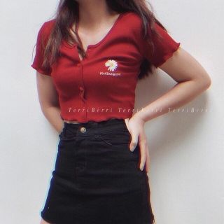 Áo thun gân crop top hoa cúc trắng