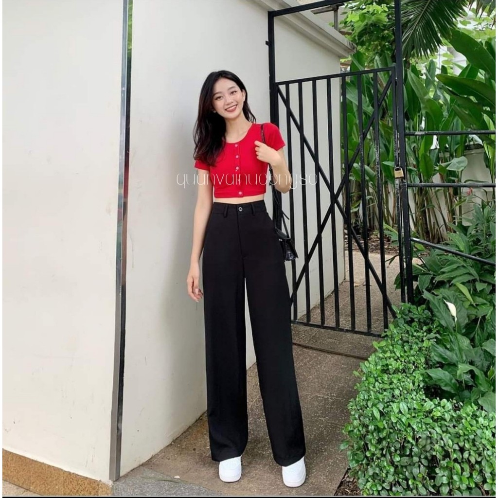 Quần ống rộng lưng cao khóa trước màu đen dáng suông đứng dài - Quần culottes ống rộng cạp cao nữ công sở chất vải mềm