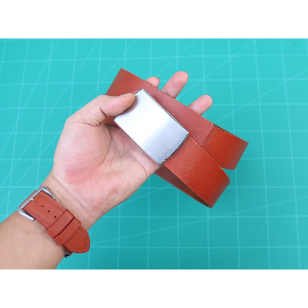 Thắt lưng da bò nguyên miếng mặt thép không gỉ handmade