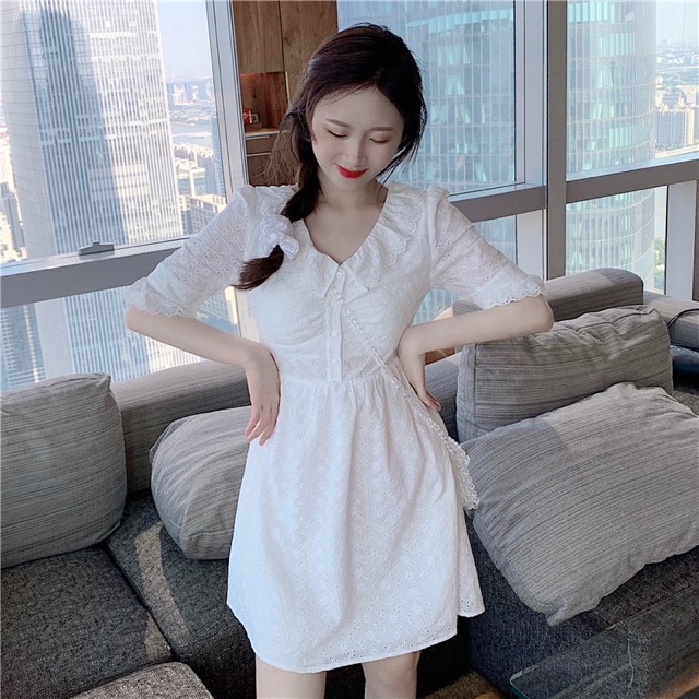 Váy trắng nữ cổ V ulazang - hàng cao cấp kèm video ảnh thật