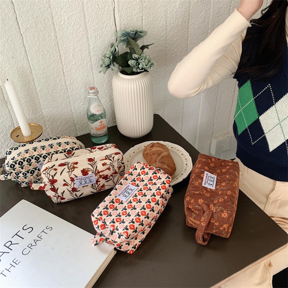 Túi Đựng Bút Chì/ Đồ Trang Điểm Bằng Vải Nhung Kẻ Sọc Caro Và Hoa Thời Trang Hàn Quốc Cho Nữ