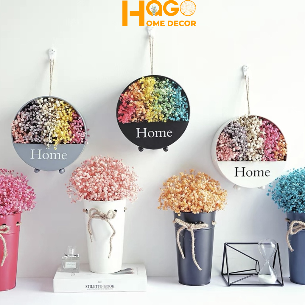 Giỏ Home cắm sẵn hoa baby khô treo tường, trang trí kệ tủ, kệ sách nhà cửa, decor độc đáo, tặng kèm dend led