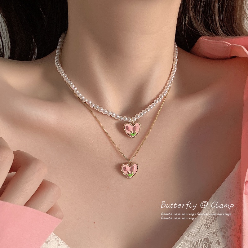 Bộ Vòng cổ + Bông Tai Hình Hoa Tulip / Chú Heo / Trái Tim Đính Ngọc Trai Thời Trang