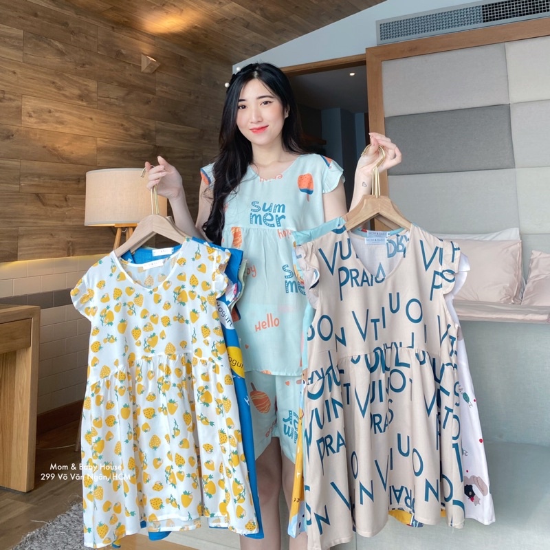 Đồ bộ bầu tôn 2 da thái bèo vai hoa nhí siêu mát ( có video )