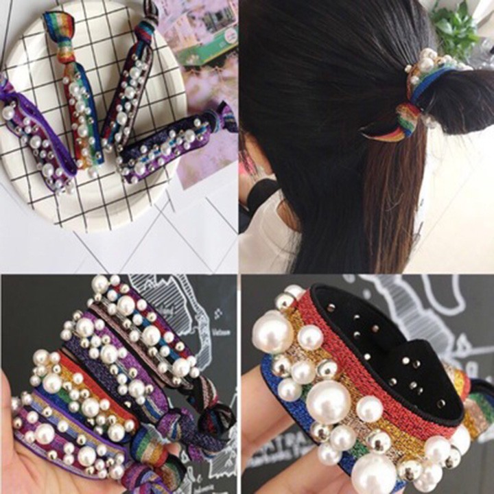 Dây chun buộc tóc đính đá ngọc trai nhân tạo Hàn Quốc thời trang họa tiết retro da báo cầu vồng youngcityshop 30.000
