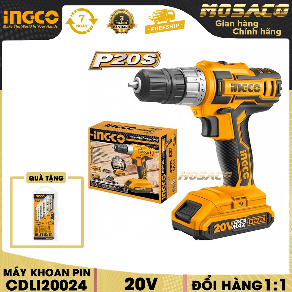 Máy khoan dùng pin Lithium INGCO CDLI20024 20V. Máy khoan cầm tay hai tốc độ 0-400/0-1350/min lực mô men 45NM-MOSACO