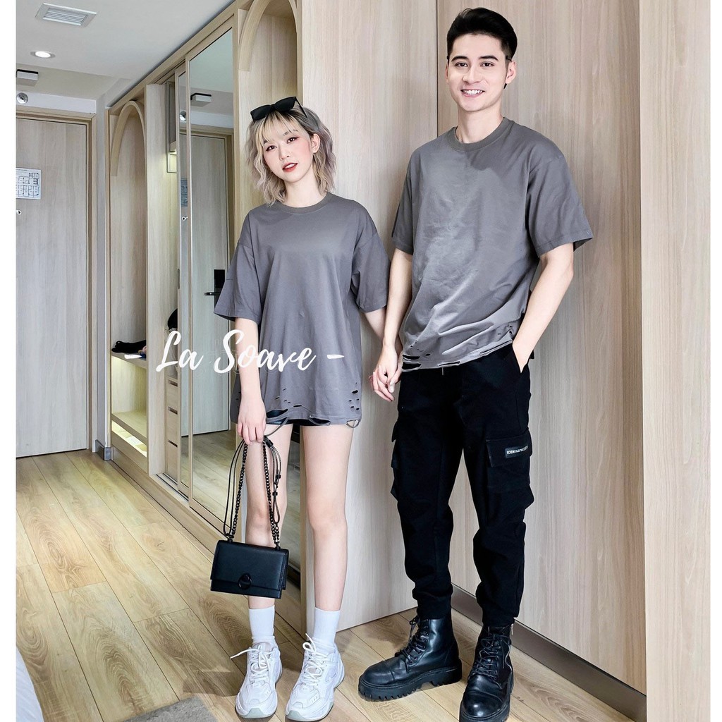 Áo thun tay lỡ nam nữ Unisex LA SOAVE màu xám rách đuôi form rộng dáng Ulzzang cho cặp đôi đang yêu - Trendy 2021