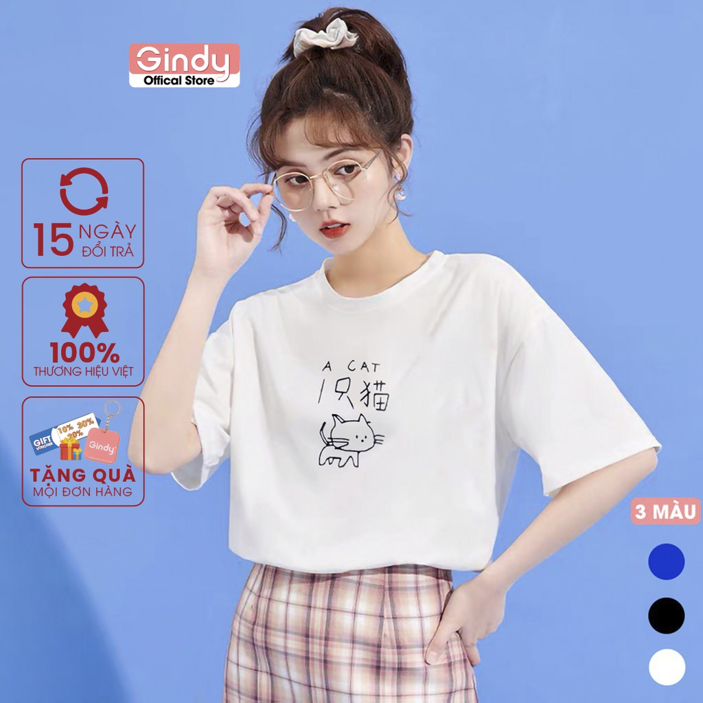 Áo thun nữ GINDY áo phông tay lỡ linh miêu cổ tròn dáng suông trẻ trung A20022