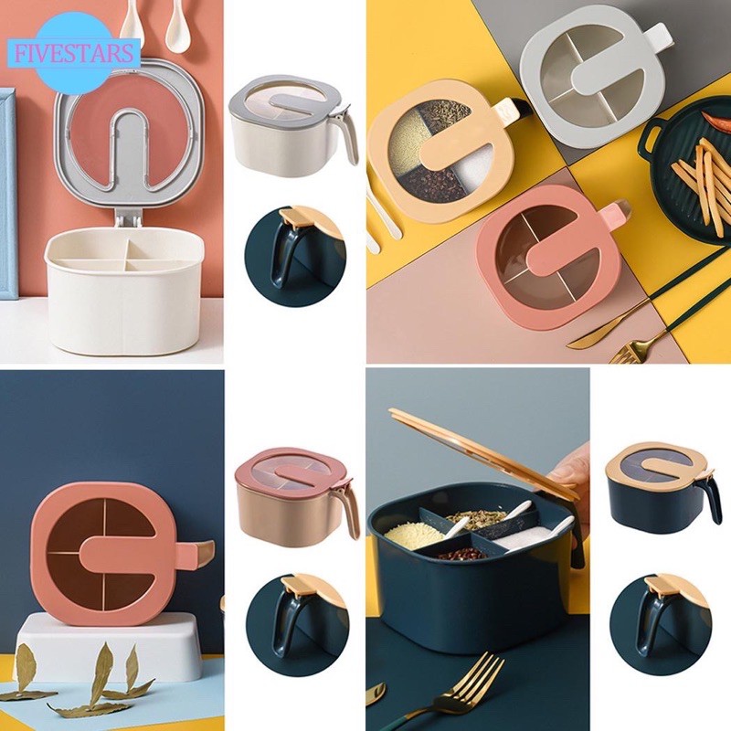 Hộp nhựa đựng gia vị 4 ngăn kèm thìa hàng nội địa Trung cao cấp QHMC