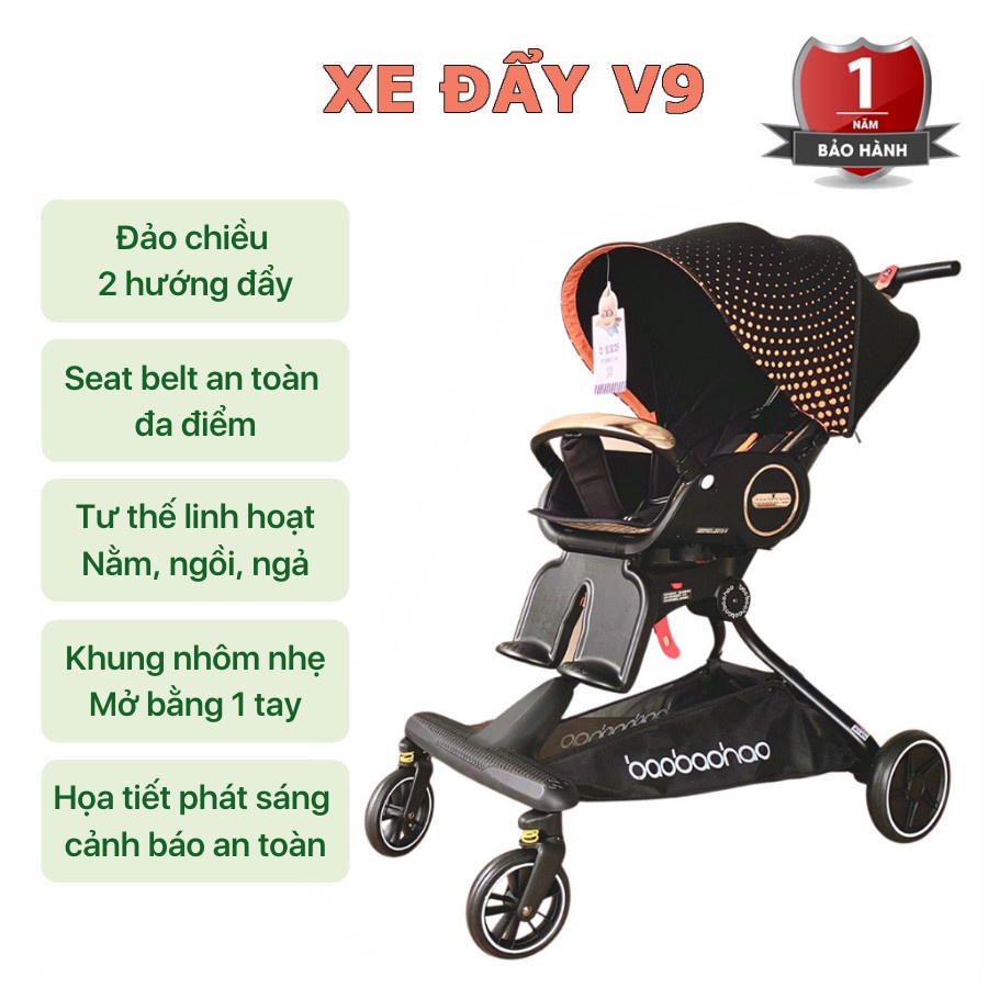 Xe đẩy cho bé gấp gọn Baobaohao V9, đảo chiều 3 tư thế xoay chiều 360 độ ngồi - ngả - nằm cho trẻ sơ sinh  đến 5 tuổi