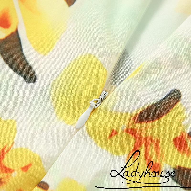 Ld- Đầm khoét cổ chữ v Hở Lưng In Họa Tiết Hoa Màu Vàng S/ M/ L/ XL Cho Nữ