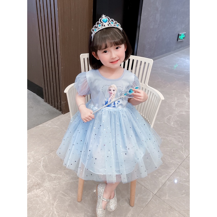 Váy xinh bé gái 1-7 tuổi đầm công chúa thời trang ngắn tay cầu vồng vải tuyn Frozen Elsa mùa hè cho bé trẻ em