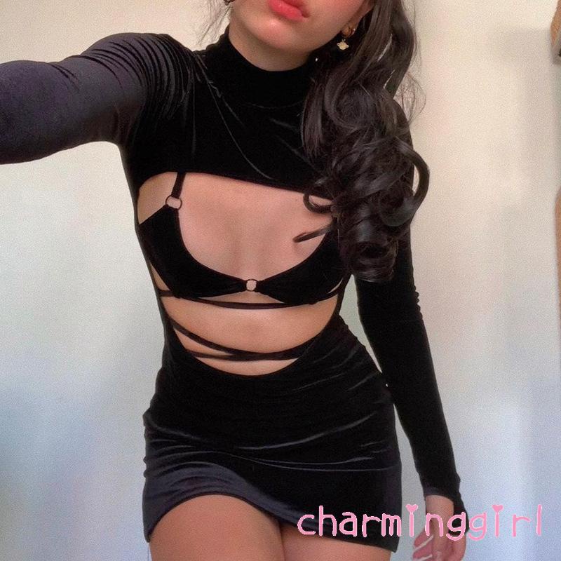 Đầm nhung tay dài cổ cao dáng ôm thời trang cho nữ