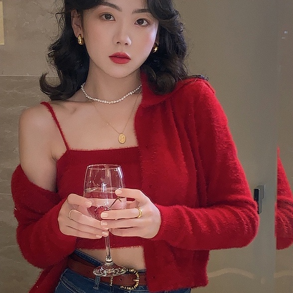 Porozi  Set áo hai dây dệt kim và áo cardigan  giả lông chồn dáng rộng màu xanh dương phong cách Hàn Quốc retro cho nữ