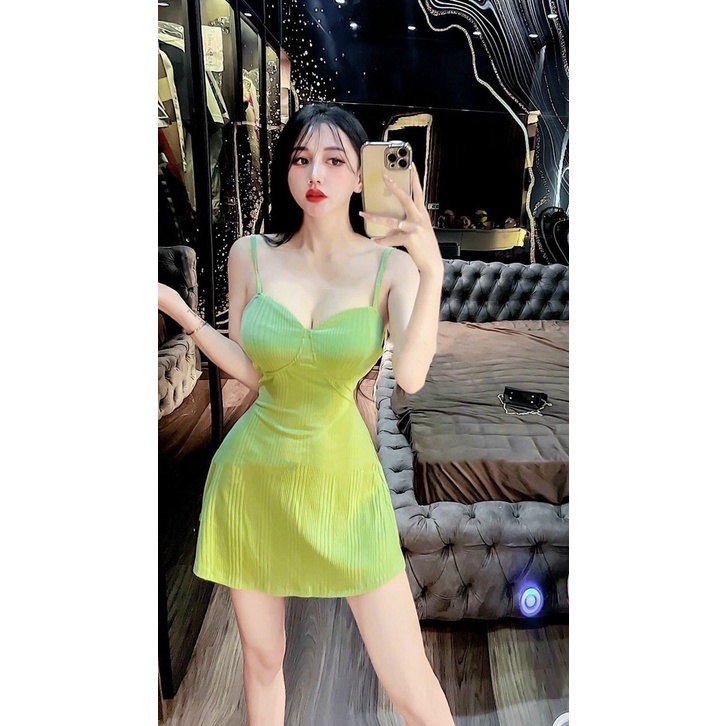 Đầm cúp ngực 2 dây dáng xòe, váy body cúp ngực đi biển len QC Thuncastore D276
