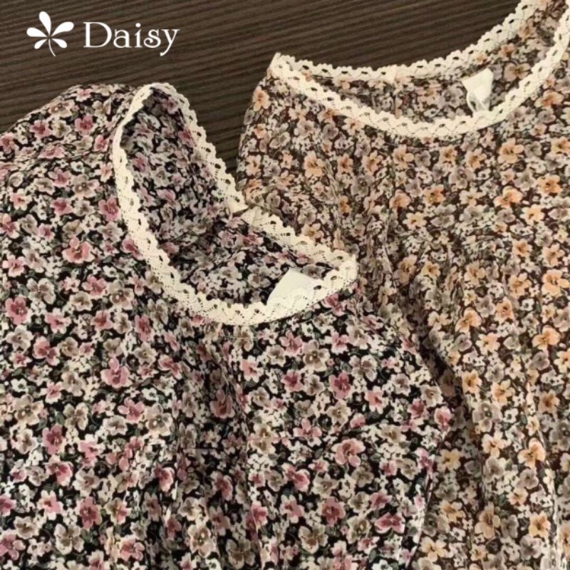 Áo kiểu hoa nhí dài tay DAISY chất nỉ Hàn không xù lông, rất mềm mại có co giãn phối viền ren tăng thẩm mĩ AK3101