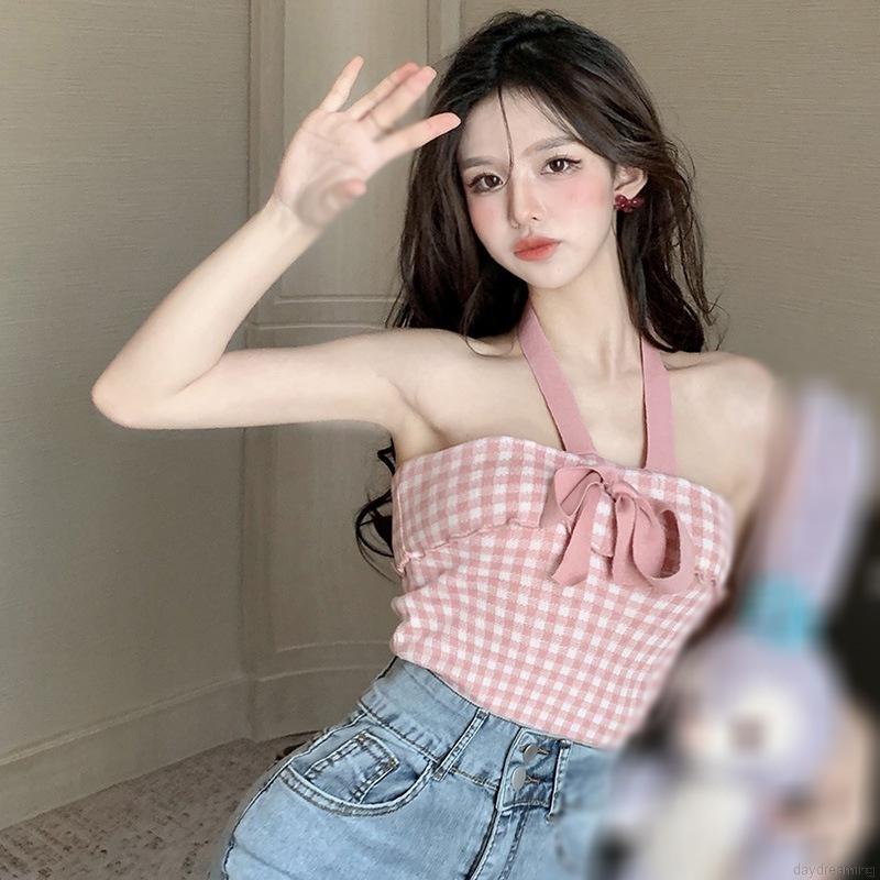 Áo Croptop dệt kim hai dây họa tiết caro đính nơ dáng ôm trẻ trung cho nữ