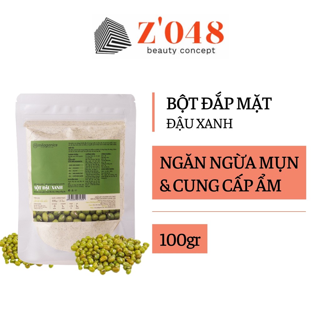 Bột Đậu Xanh Nguyên Chất Đắp Mặt Nạ Dưỡng Da Trắng Sáng, Ngăn Ngừa Mụn MILAGANICS 100gr (Túi Zip)