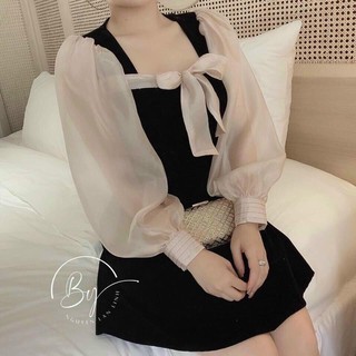 Váy phối tay voan cột nơ ngực