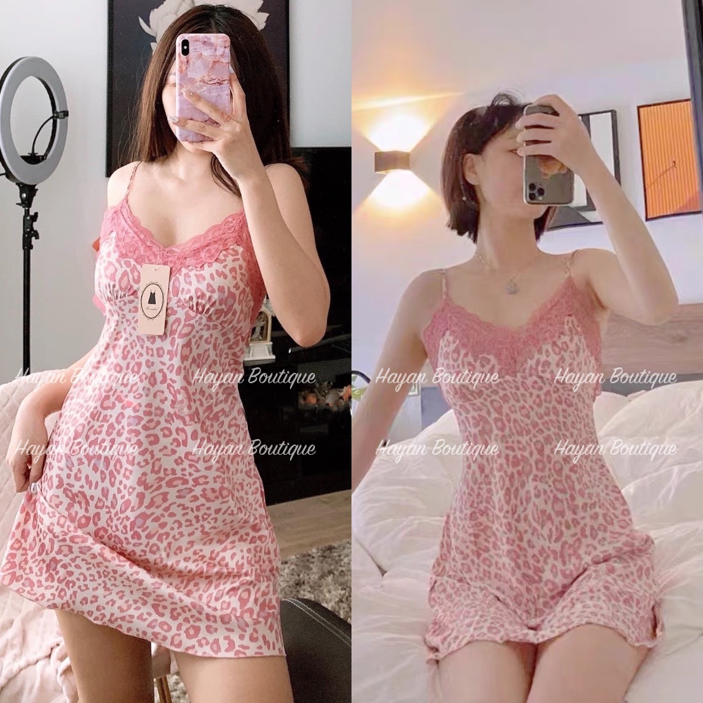 Váy ngủ sexy lụa da beo hai dây, đầm ngủ quyến rũ cao cấp Kèm Mút Ngực QUẢNG CHÂU #HT46