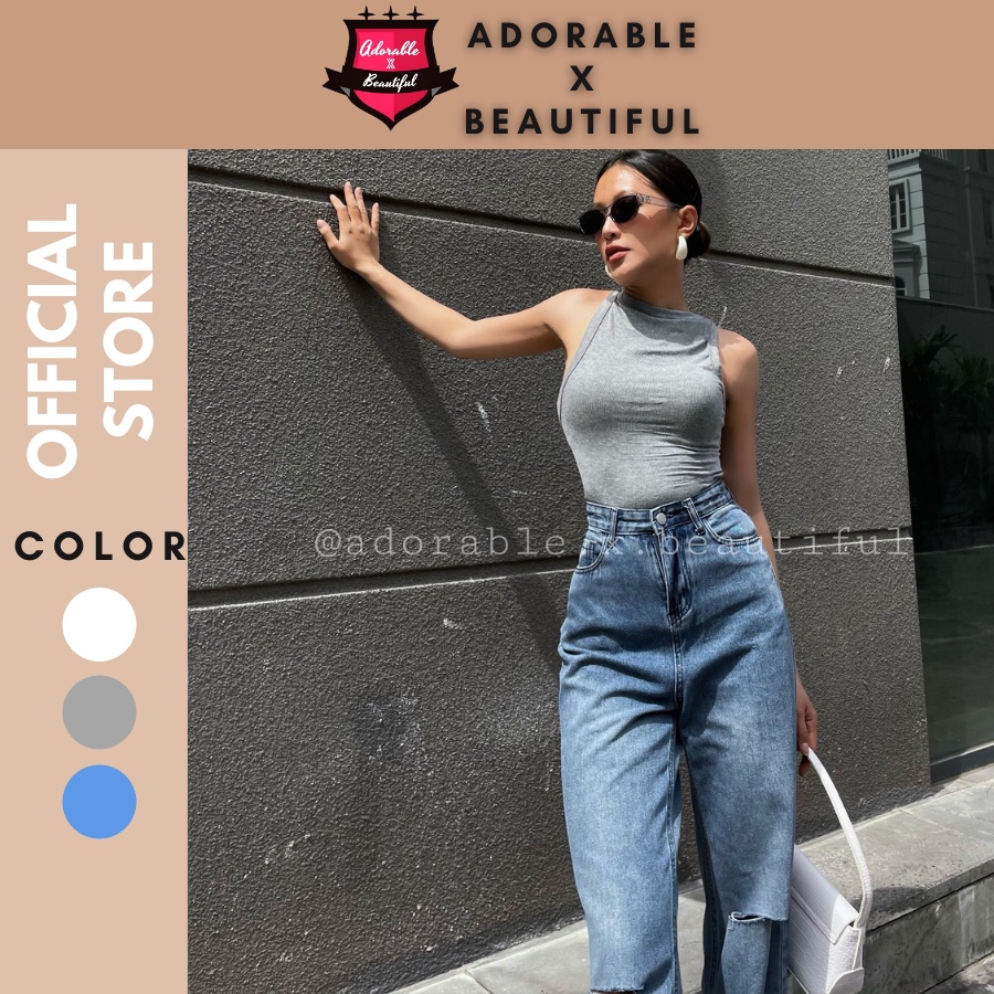 , Áo Thun Gân Dây Lệch Trắng Xám, Quần Jeans Xanh Rách Đùi Bụi Bặm