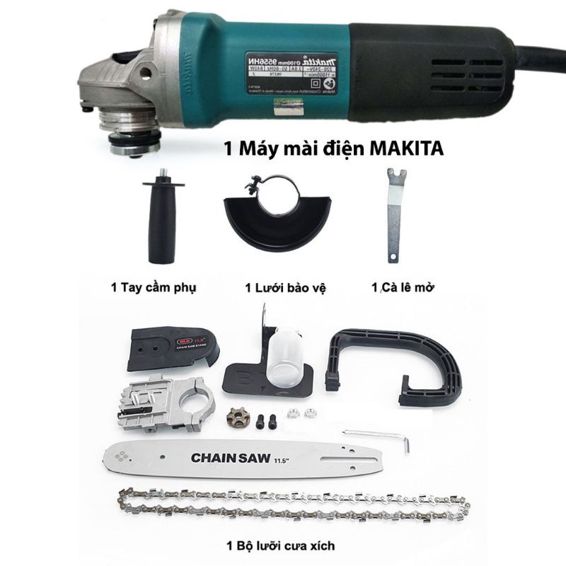 (COMPO) Máy mài ,máy cắt MAKITA 9556+Lưỡi cưa xích- biến máy mài thành máy cưa ,cắt gỗ ,tỉa cành,đánh bóng đa chức năng