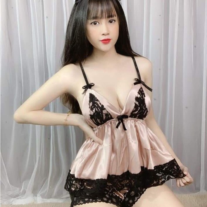 Đồ ngủ sexy 🎀FREE SHIP🎀 Đồ ngủ nữ sexy phi lụa mềm đính nơ có mút ngực<60kg