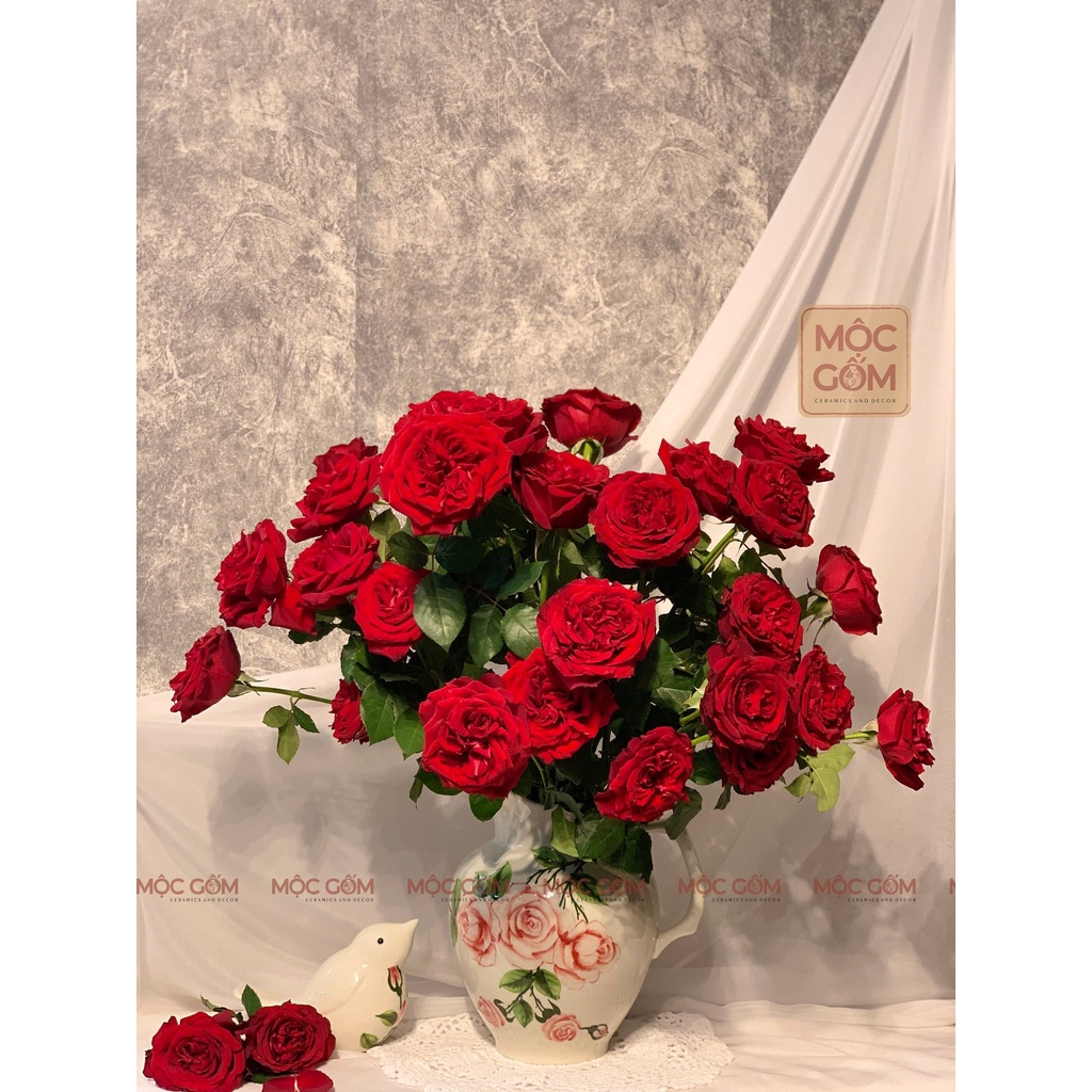 Bình gốm quai sữa Bát Tràng cắm hoa trang trí họa tiết hoa hồng vẽ tay thủ công đẹp trang trí phòng khách Mộc Gốm MG83
