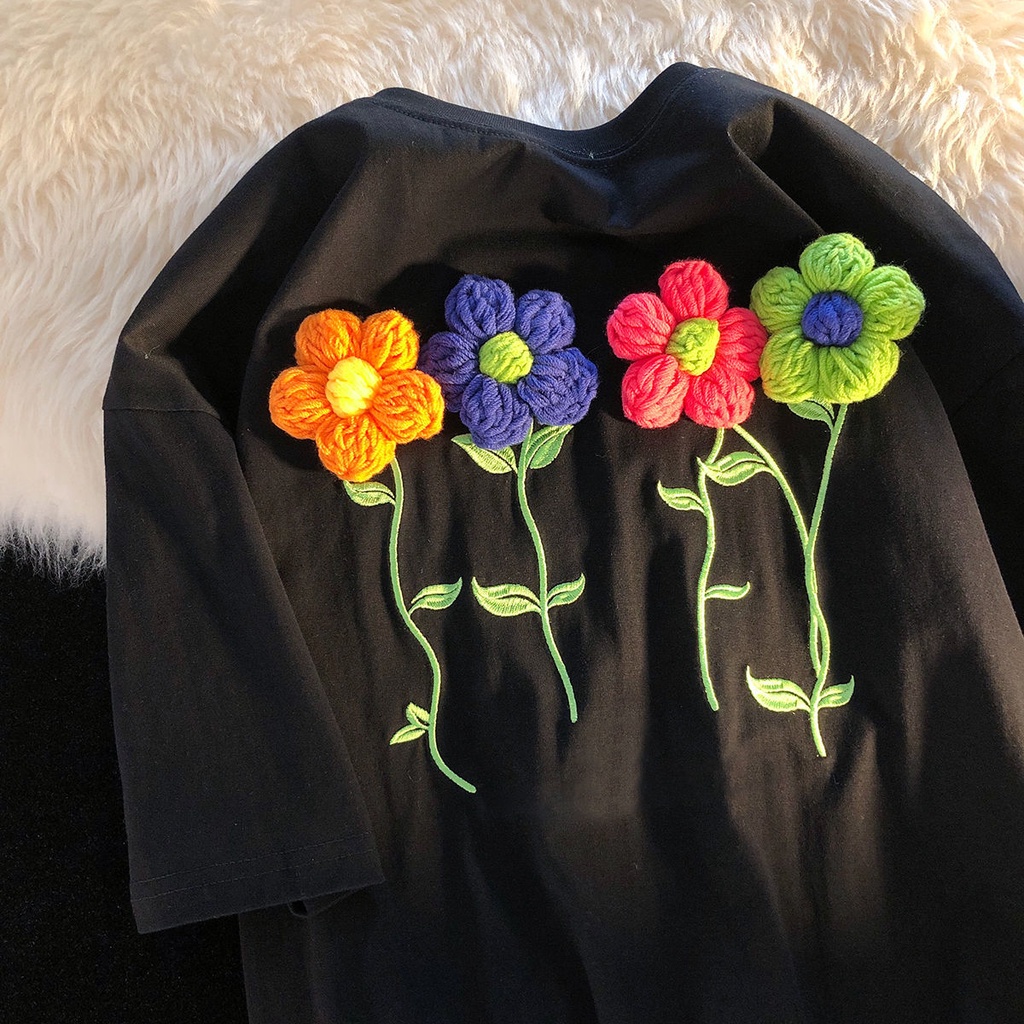 Áo Thun Ngắn Tay In Họa Tiết Hoa Nhỏ Màu Xanh Dương Phong Cách Âu Mỹ Thời Trang Mùa Hè 2022