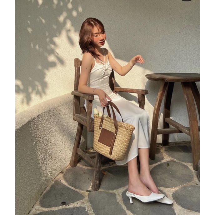 ĐẦM MIDI NƠ NGỰC XẺ ĐÙI CHÉO DÂY CỔ