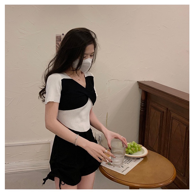 Áo dệt kim ZHELIHANGFEI tay ngắn cổ chữ V kiểu nơ dễ thương thời trang dành cho nữ