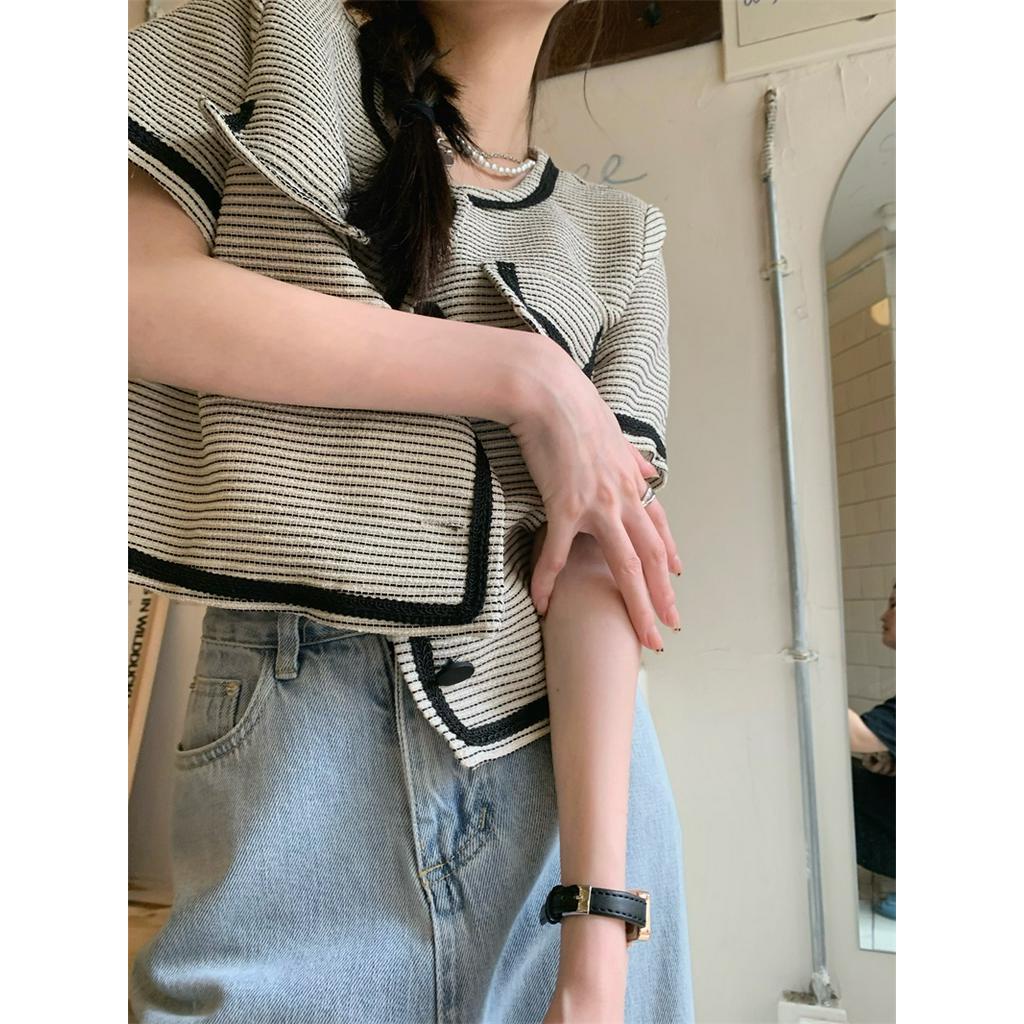 Áo Khoác Nữ Cổ Tròn Ngắn Tay Phong Cách Pháp Cổ Điển 53313