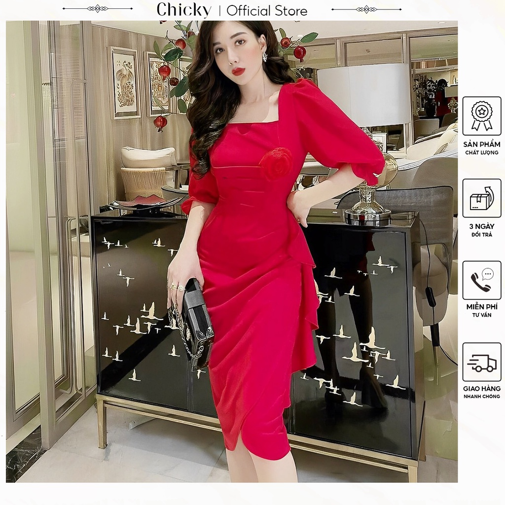 váy đầm nữ đầm body tay lỡ cổ vuông nhún bèo cài bông sang chảnh