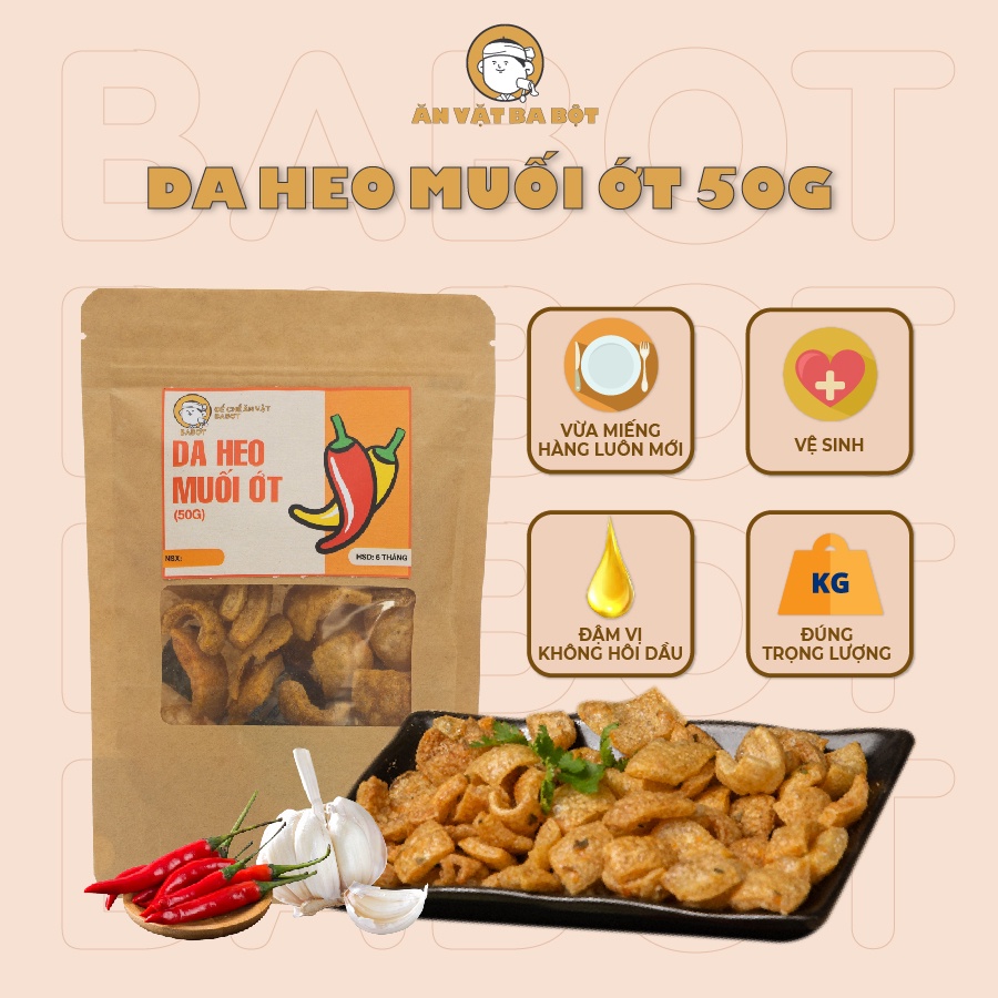 Da heo chiên giòn muối ớt BA BỘT đồ ăn vặt luôn mới, thơm ngon đậm vị, không hôi dầu 50g