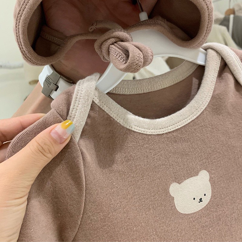 Bộ Quần Áo Bodysuit Cho Bé Trai Bé Gái Tuổi Họa Tiết Hình Gấu Đáng Yêu Chất Cotton Dày Dặn Mềm Mịn (Kèm Mũ)