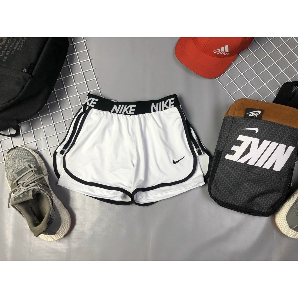 Quần đùi quần sooc Ni ke 2 lớp HÀNG CAO CẤP cạp chun thêu chữ dùng tập gym, chạy bộ, aerobic